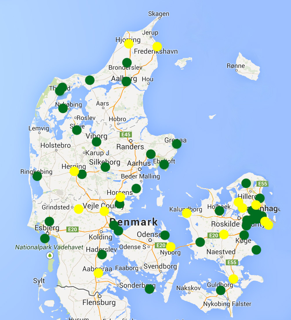 Grønne prikker markerer eksisterende ungdomsråd og gule prikker markerer råd under opstart