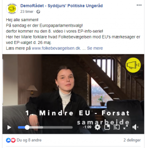 Under hele valgkampen har DemoRådet - Syddjurs' Politiske Ungeråd lagt videoer op, hvor de opsummerer de forskellige partiers mærkesager i forbindelse med EU. Her ses ledelsesmedlem Marie Madsen fortælle om Folkebevægelsen mod EU.